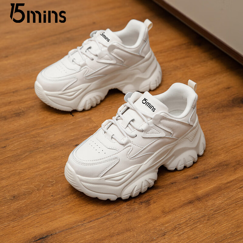 15MINS厚底老爹鞋2025新款小个子增高运动休闲鞋百搭潮流高颜值女单鞋 米色 37