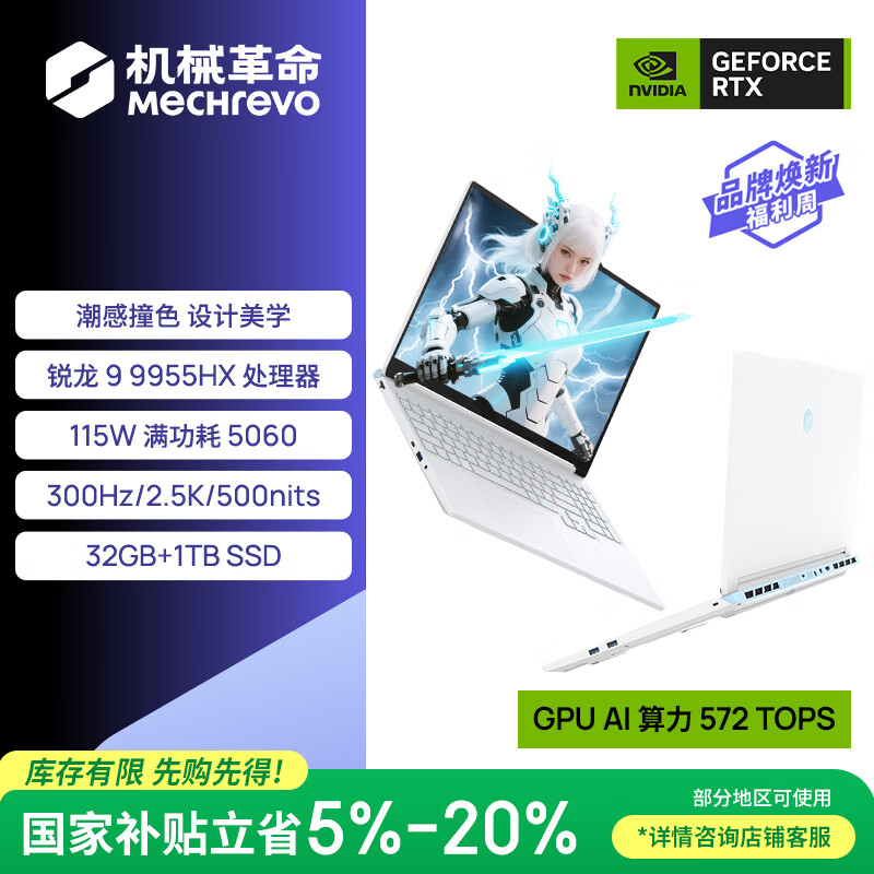 机械革命【国家补贴】蛟龙16Pro 潮玩版 16英寸游戏电竞笔记本电脑(R9-9955HX 32G 1T RTX5060 300Hz白)