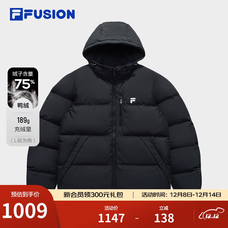 FILA FUSION斐乐潮牌情侣款羽绒服2025冬季新款休闲保暖连帽外套 正黑色-BK L 175/96A/L