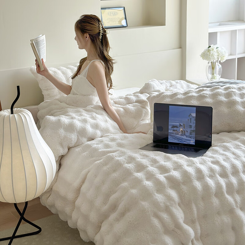 元族2025新款A类高克重兔毛绒牛奶绒四件套-泡泡 泡泡 净白 床单款 1.5m四件套