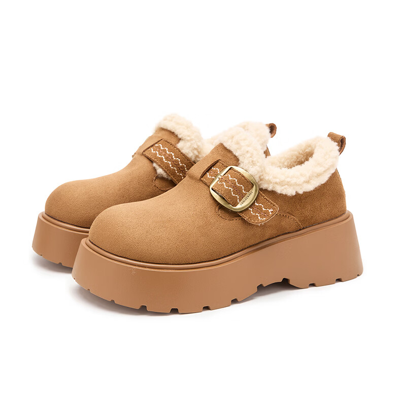 西遇（Westlink）厚底增高加绒保暖勃肯鞋女鞋2025新冬季雪地靴乐福鞋毛毛棉鞋 驼色 预售1.16 35 (225)