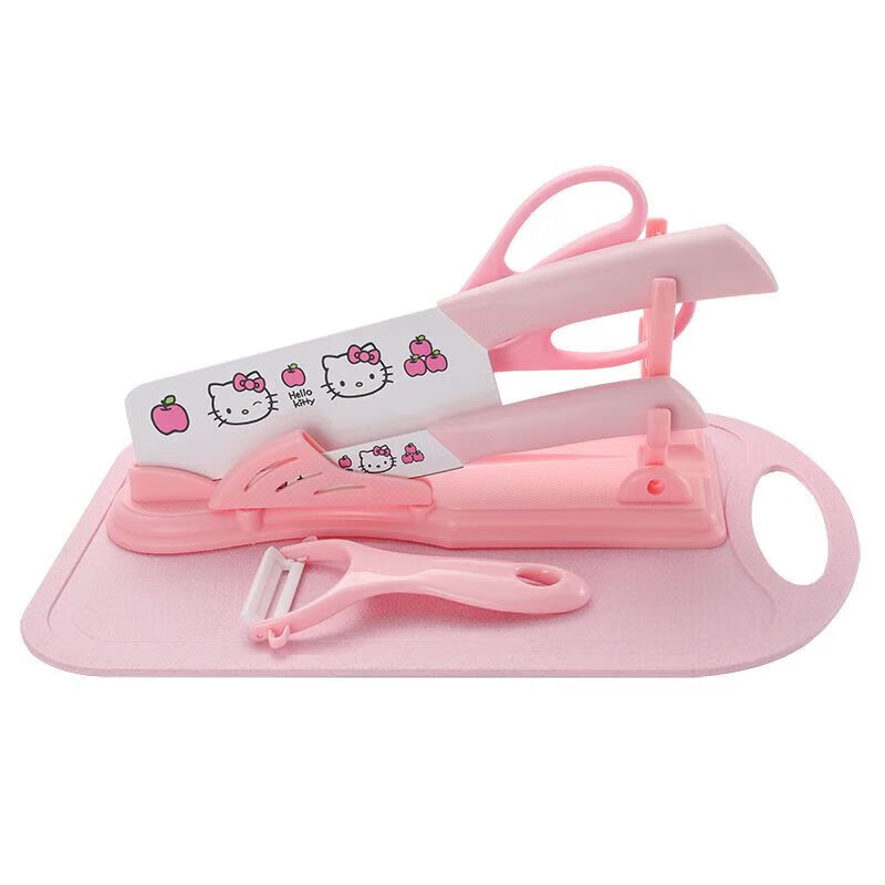 【精选厂家】HelloKitty厨房菜刀菜板组合套装宿舍家用切菜切肉刀 【粉色】卡通猫咪-超值7件套