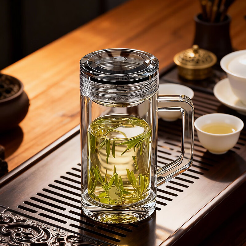 宝菲尼（BOFIN）手柄办公杯带把玻璃杯双层高档商务办公室领导泡茶杯透明便携水杯 方正轻盈【皮质礼盒】360ml