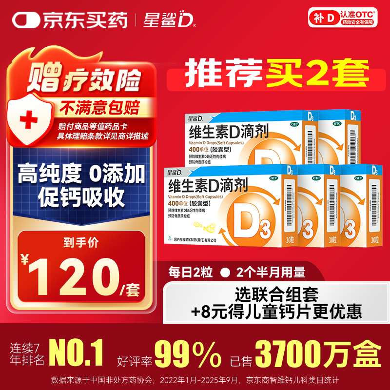 星鲨维生素D滴剂（胶囊型）30粒*5盒【150粒】d3婴儿婴幼儿儿童成人维生素D促钙吸收补钙长高
