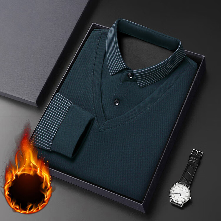 布卡澜琦秋冬季加绒假两件男士翻领长袖t恤中青年商务男装纯色条纹体恤衫 哈青（加绒） XL /115（建议135-150斤）