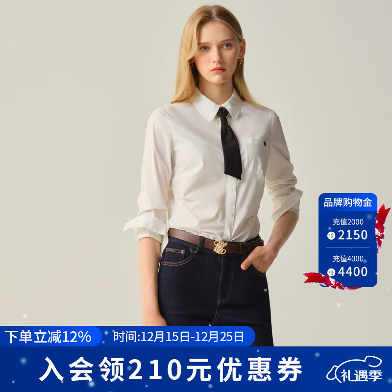 ELAND【小蛮腰】衣恋衬衫女短款棉质翻领通勤上衣2025秋季新款 象牙白/白色(39)Ivory M /165