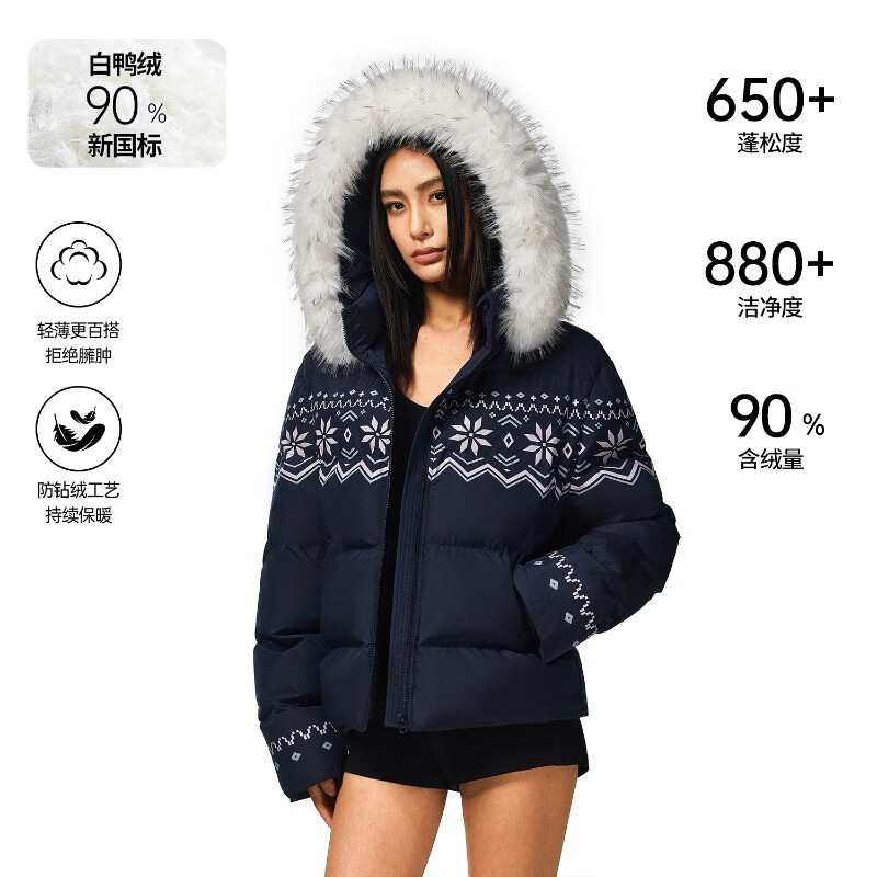 FDR旗舰店  费尔岛毛领加厚外套情侣短款2025新款羽绒服女款冬 藏青色  (可拆卸毛领) L