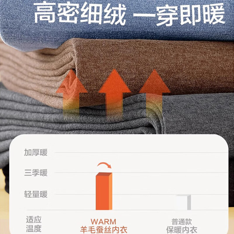 浪莎保暖内衣男25秋冬新品羊毛蚕丝套装7A抗菌防螨磨绒男士秋衣秋裤 蓝色 3XL