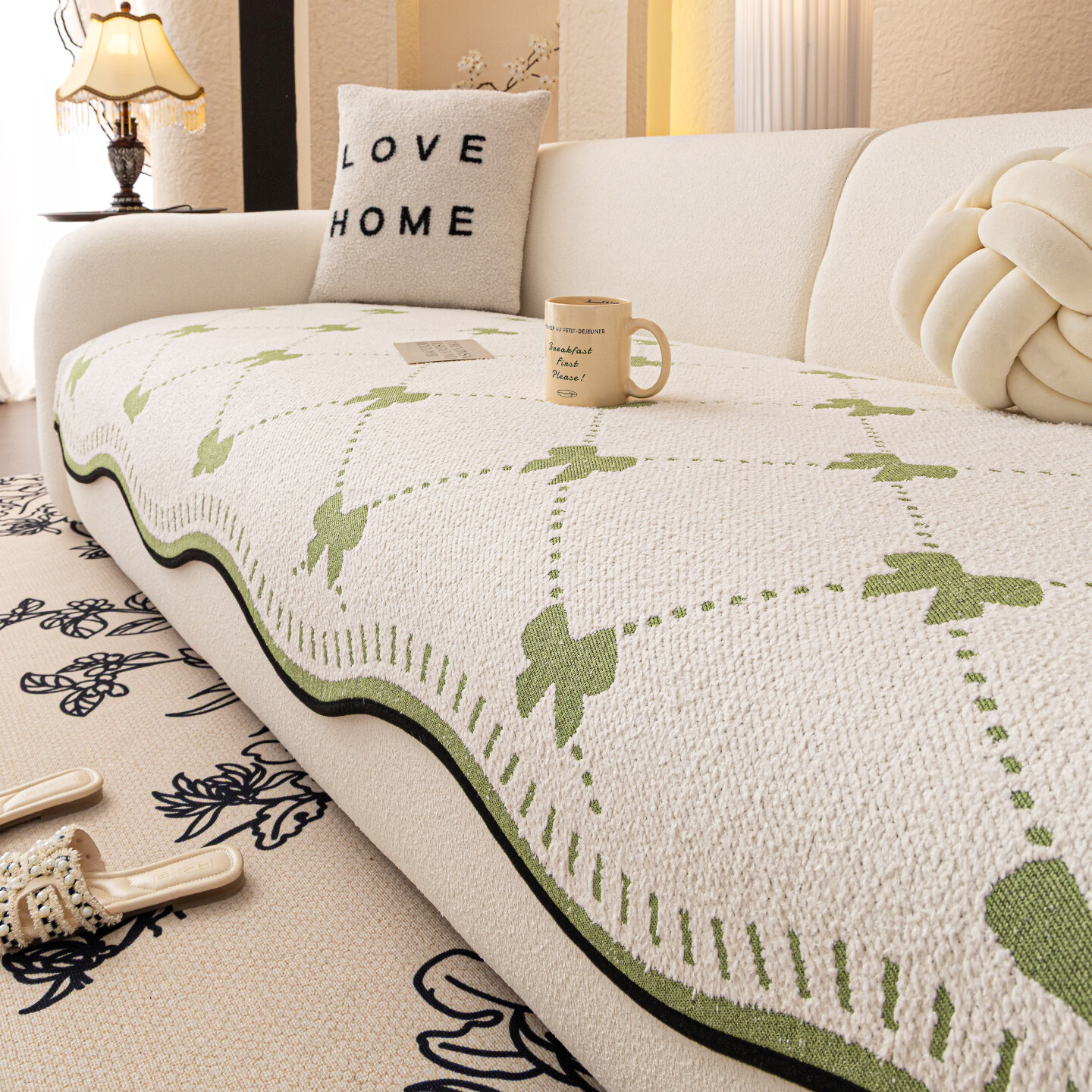 金拾美月奶油风异形沙发垫2025新款秋冬加厚毛绒高级直排坐垫套罩盖布巾 菱蝶-抹茶绿 70cm*70cm