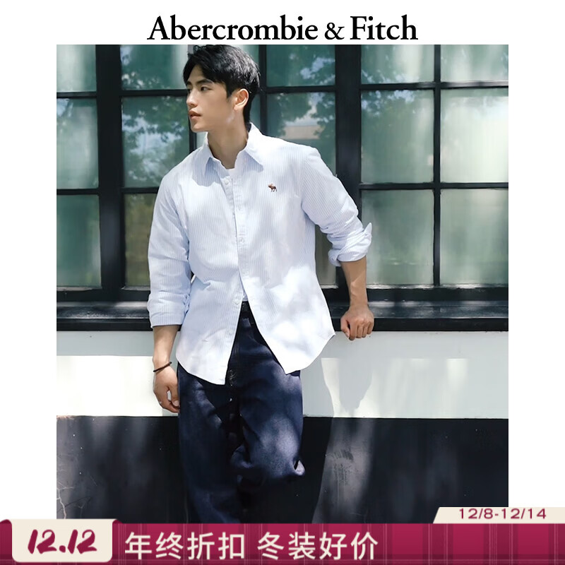 Abercrombie &amp; Fitch【李现同款】小麋鹿图案美式牛津长袖衬衫25秋冬男装125-5224 蓝色条纹 M (180/100A)