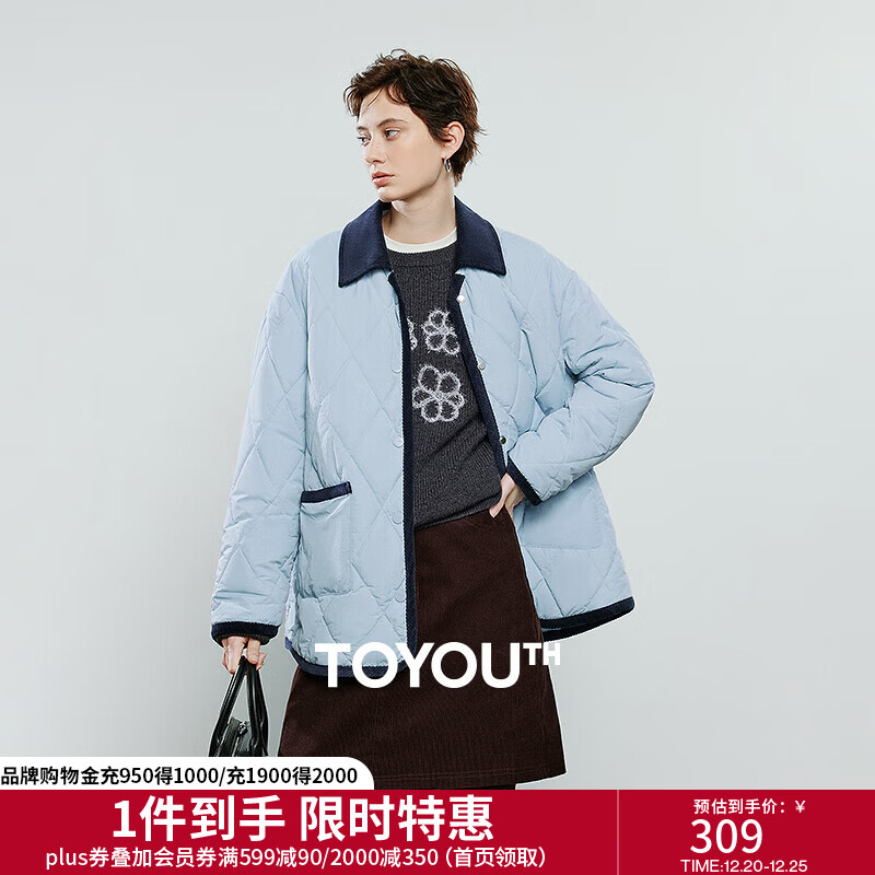 初语棉衣女2025冬季新款撞色拼接复古菱格保暖外套宽松衬衫式棉服 雾霾蓝 M