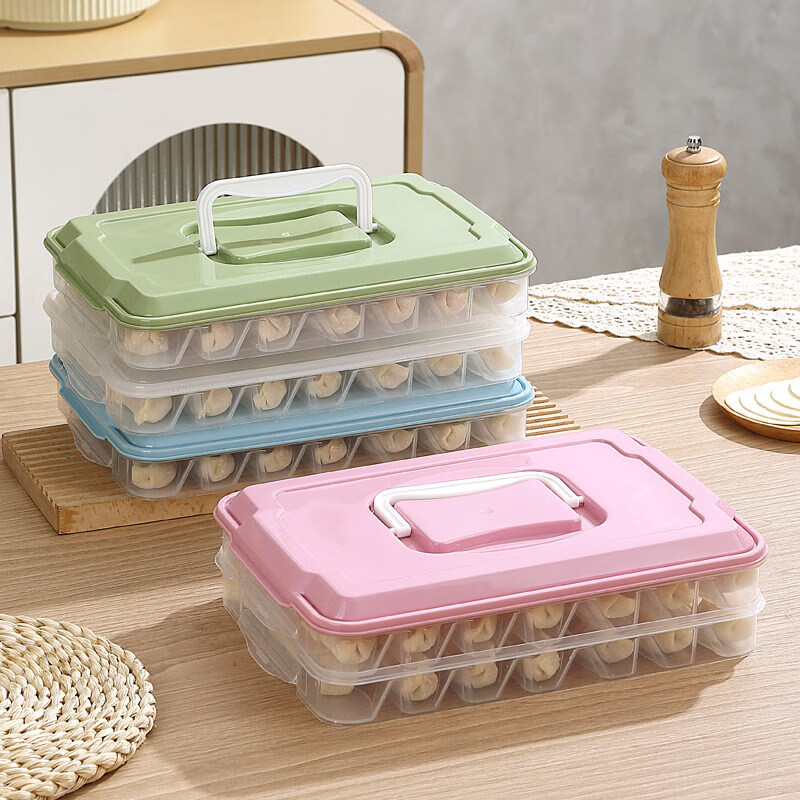 胖东来同款饺子冷冻盒保鲜盒 饺子盒分格家用冰箱速冷冻收纳盒多 蓝色-2层1盖-分格42格