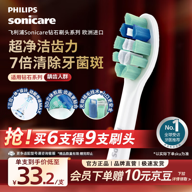 飞利浦（PHILIPS）电动牙刷头 7倍去除牙菌斑洁净型3支装HX9023 适配钻石3系HX6/ HX3/ HX51系列