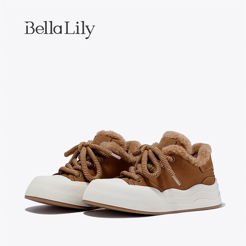 Bella Lily冬季新款加绒羊毛板鞋女波浪厚底休闲鞋保暖运动鞋 棕色 35