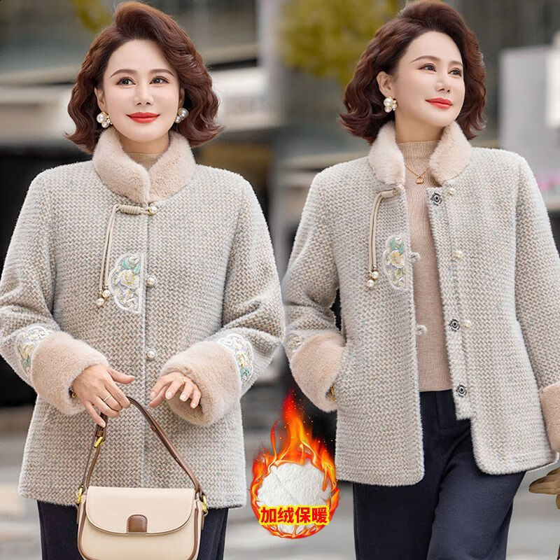 妈妈冬装高贵洋气中式短款毛呢外套中老年女装新款加绒加厚上衣女 灰绿色 XL 建议90-105斤