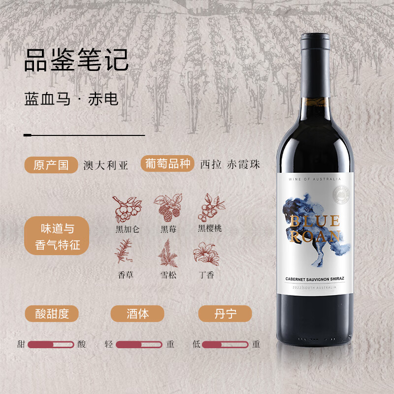 蓝血马澳洲原瓶原装进口红酒 西拉赤霞珠干红葡萄酒 赤电（赤霞珠西拉混酿葡萄酒）瓶装750ml*2瓶