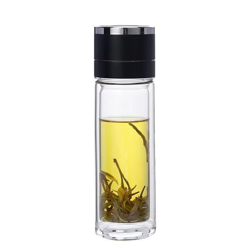 一键开盖双层玻璃杯茶水分离水杯车载一键开盖男士新款 一键开盖【黑色】-380ML
