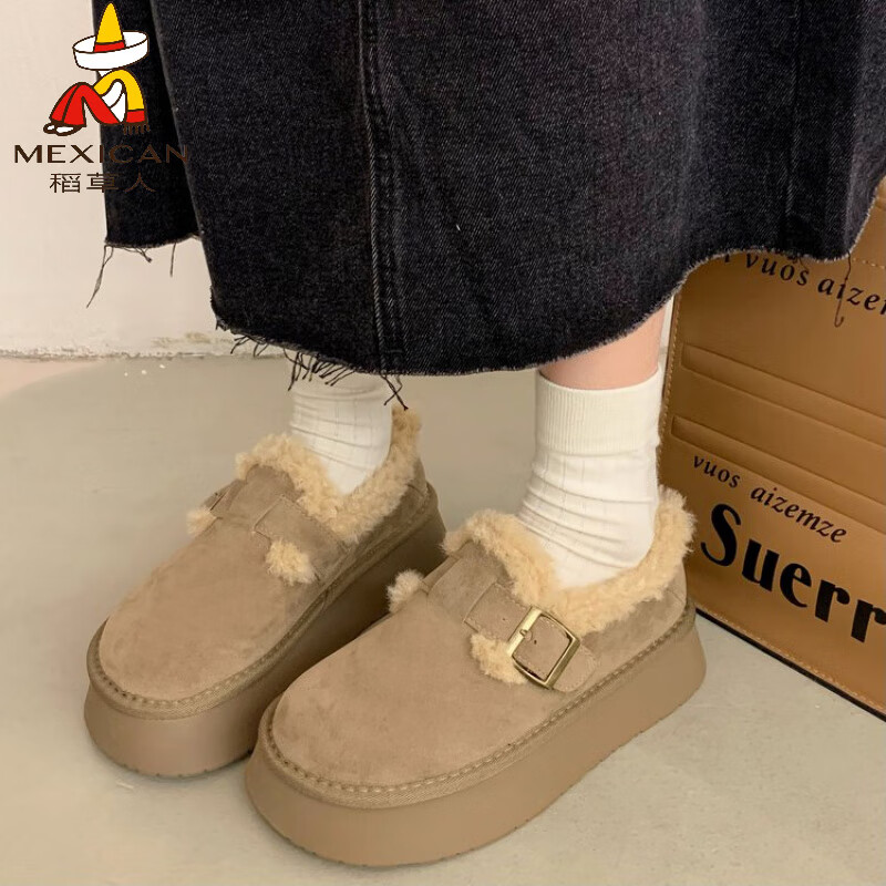 稻草人（MEXICAN）厚底勃肯鞋女冬加绒雪地靴2026年新款美拉德乐福鞋一脚蹬保暖棉鞋 卡其色 35