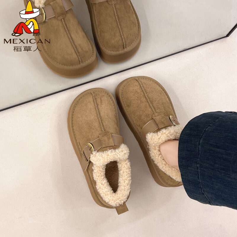稻草人（MEXICAN）厚底增高全包加绒勃肯鞋女2026秋冬一脚蹬毛毛棉鞋保暖加厚雪地靴 卡其色【专柜版】 35