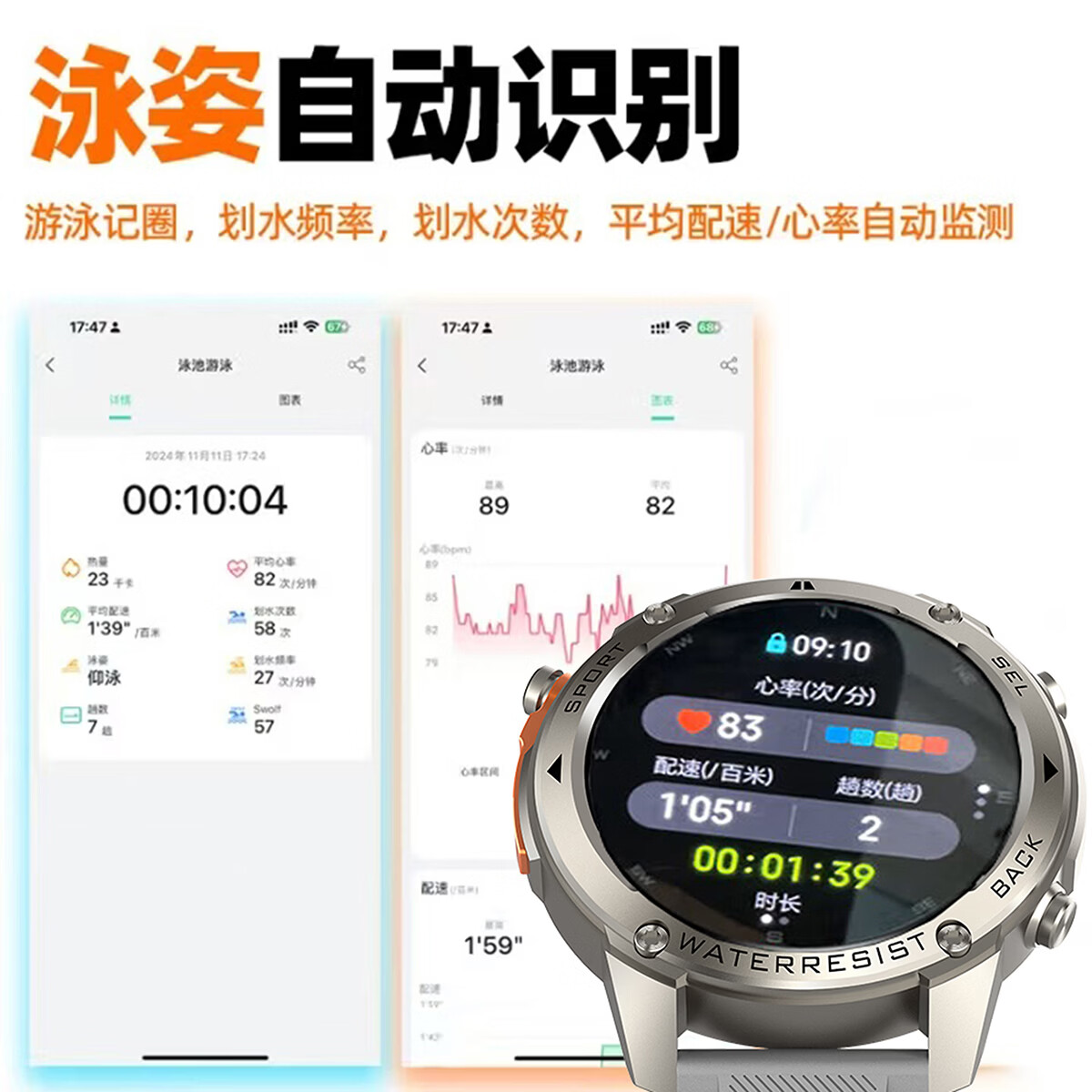 NINEWINDNinewind DM56 GPS跑步运动手表50米深度防水心率监测多功能游泳智能手表 DM56#银色 GPS+50米深度防水+通话+指南针+健康监测
