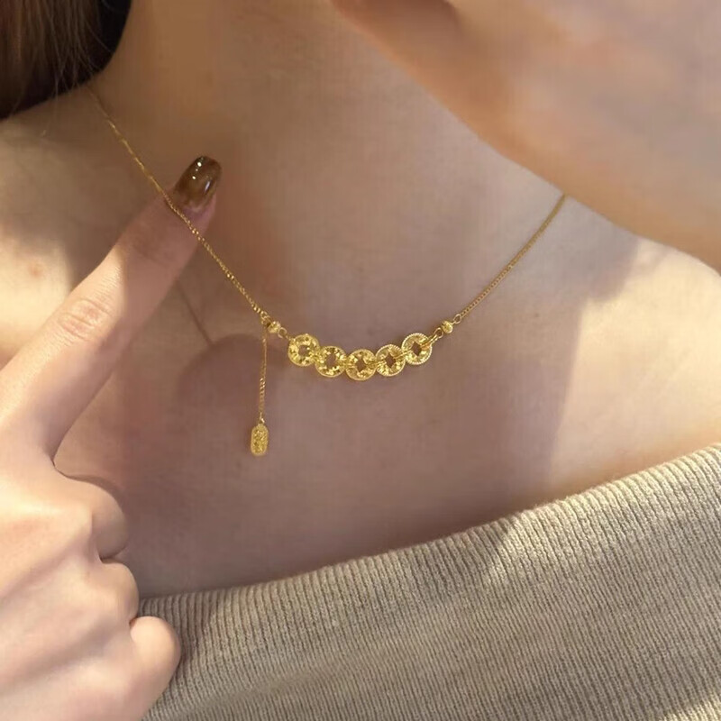 LIIA26新款情人节黄金色五帝钱项链女18K金碎碎冰进宝钱币手链送女友 金店五帝钱项链+手链