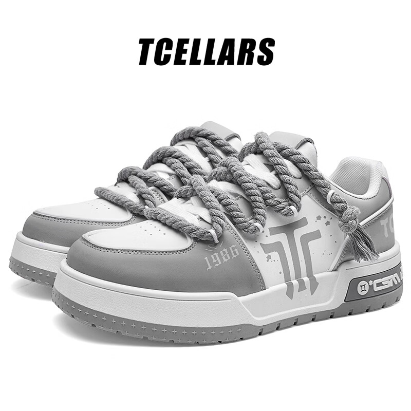 Tcellars男鞋春季新款潮流涂鸦厚底增高板鞋低帮舒适情侣款休闲鞋子男 白灰色 41