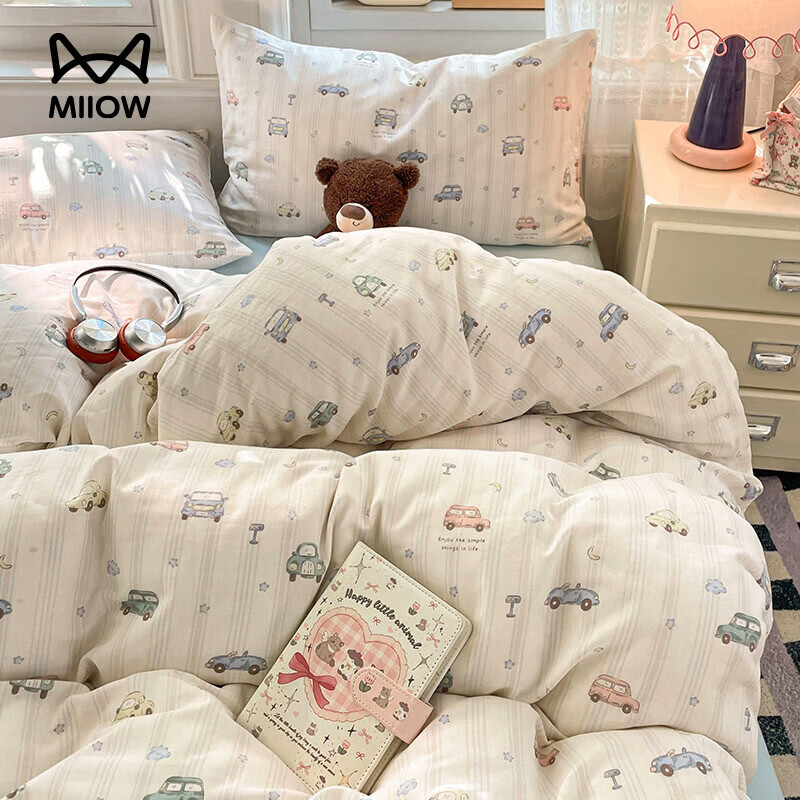 猫人（MiiOW） 纯棉双层纱床上四件套全棉卡通被套床单床笠单双人宿舍三件套 宝宝巴士【全棉亲肤透气】 1.2m 床单款 三件套（被套150*200cm）