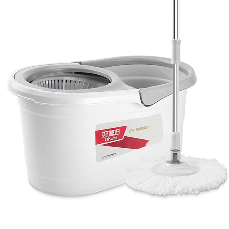好媳妇（OKwife）旋转拖把桶家用墩布拖布桶不锈钢加强杆双驱动省力一拖净 灰白加强杆(2个头塑料篮款)