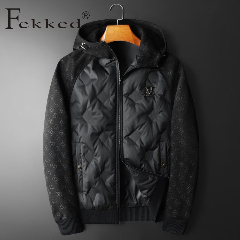 Fekked香港潮牌2025冬季新款男士高品质连帽几何印花拼接休闲羽绒服外套 黑色 M