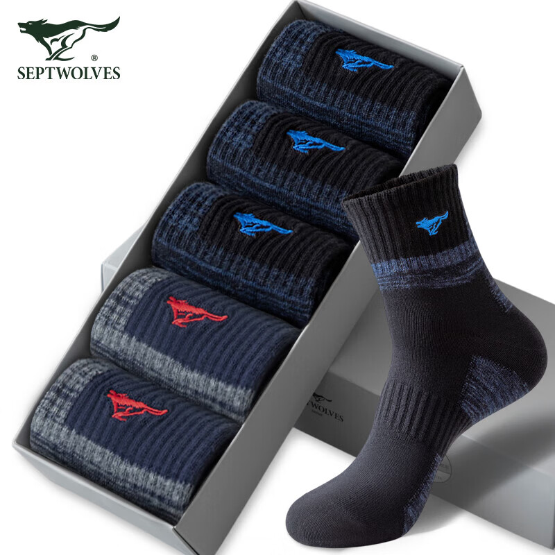 七匹狼袜子男纯棉秋冬季休闲男袜中高筒袜子时尚男袜吸汗透气棉袜 纯棉厚款运动袜 混色 5双