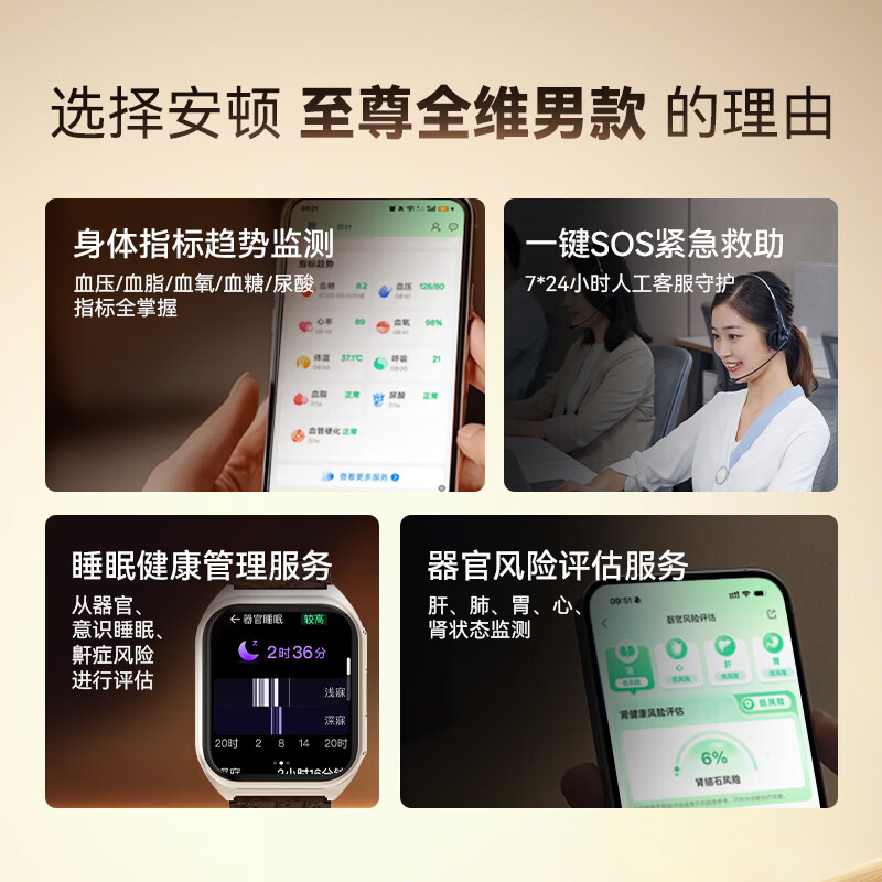安顿智能手表手环血压血糖趋势监测手表心率血氧血脂心梗脑卒中预警手表送礼父母长辈节日礼物M5 全维版-男款+赠暖灰氟橡胶表*1