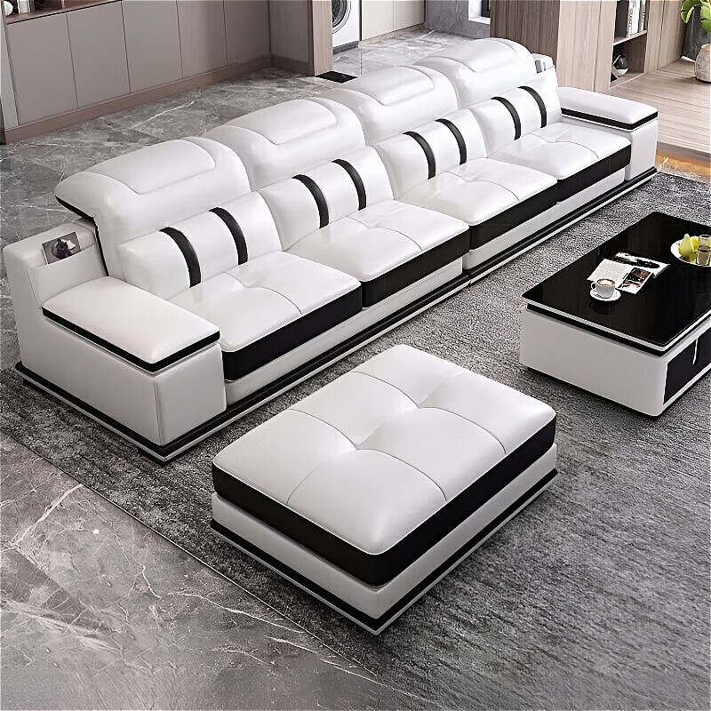 檀福匠2026新款沙发客厅轻奢头层牛皮现代简约整装大小户型皮艺沙发组合 单人+双人+贵妃+边几[中厚皮]4米 白色+黑边[沙发左贵妃方向]