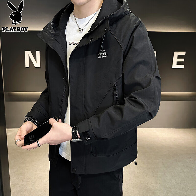 花花公子（PLAYBOY）男士外套2025春秋季新款冲锋衣男宽松休闲连帽夹克中青年男款上衣 9190款黑色 XL 125-140斤