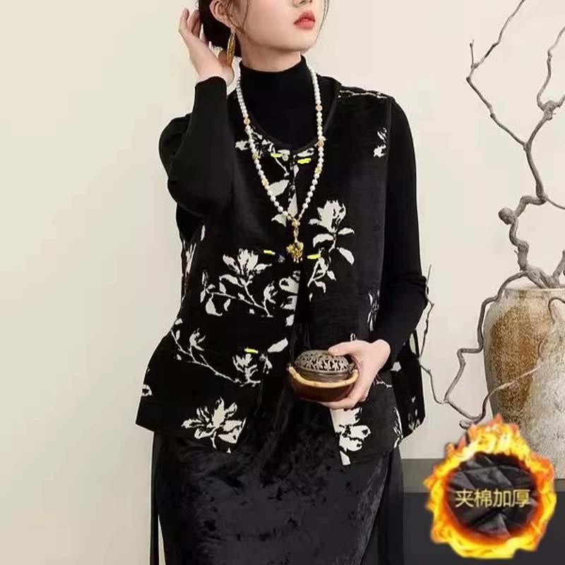 【爆款轻奢】新中式禅意提花马甲女坎肩秋冬叠穿背心唐装马甲 【黑色】夹棉加厚款 L （建议100-115斤）