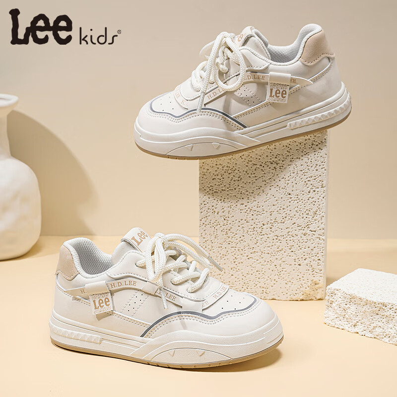 Lee童鞋春季儿童小白鞋百搭休闲鞋女童板鞋男童德训跑步鞋 米卡其   33 【建议脚长200mm】