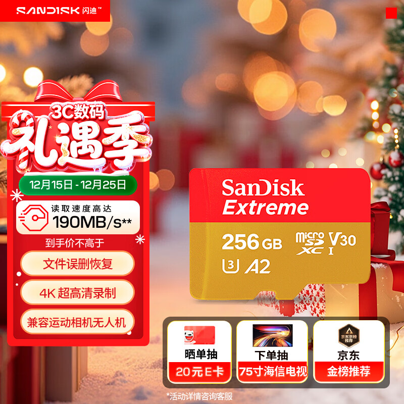 闪迪（SanDisk）256GB TF(MicroSD)内存卡 4K极速金卡A2 V30 U3行车记录仪 运动相机无人机 监控存储卡 读190MB/s
