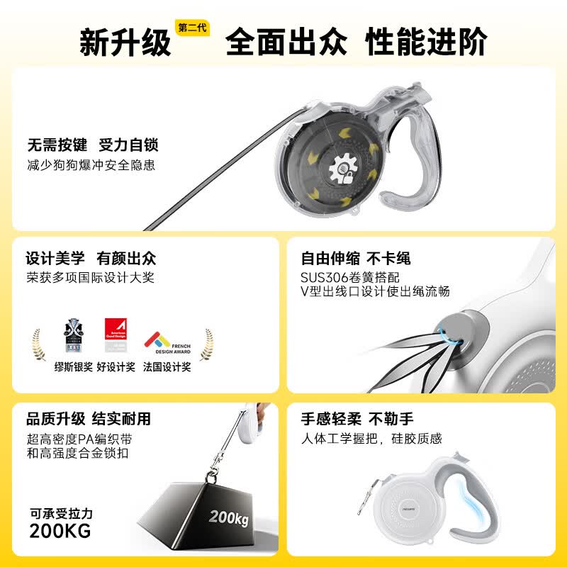 petsuper宠上宠防爆冲自动伸缩狗狗牵引绳宠物狗绳狗链大中小型犬遛狗神器 白色3米绳长-M款 【犬重40斤以内】