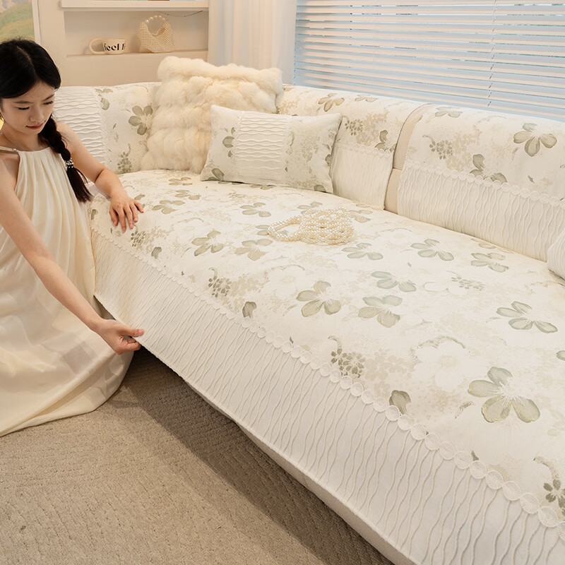 缔卓怡法式奶油风异形雪尼尔沙发垫四季通用防滑坐垫套2026新款盖布巾 花澜-青柠绿 70cm*70cm