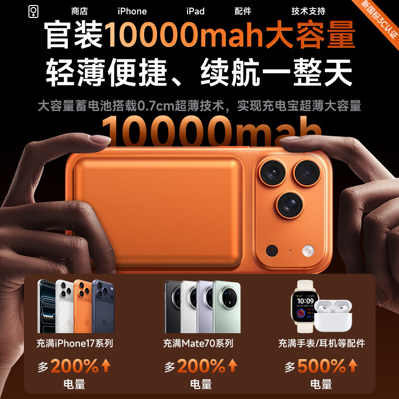 SOULUX【新国标3C认证】MagSafe苹果磁吸充电宝10000毫安可上飞机高铁轻薄便携20w超级快充无线移动电源 【爱马仕橙】10000毫安 | 可上飞机 2026新款 | 原版正装1:1全功能