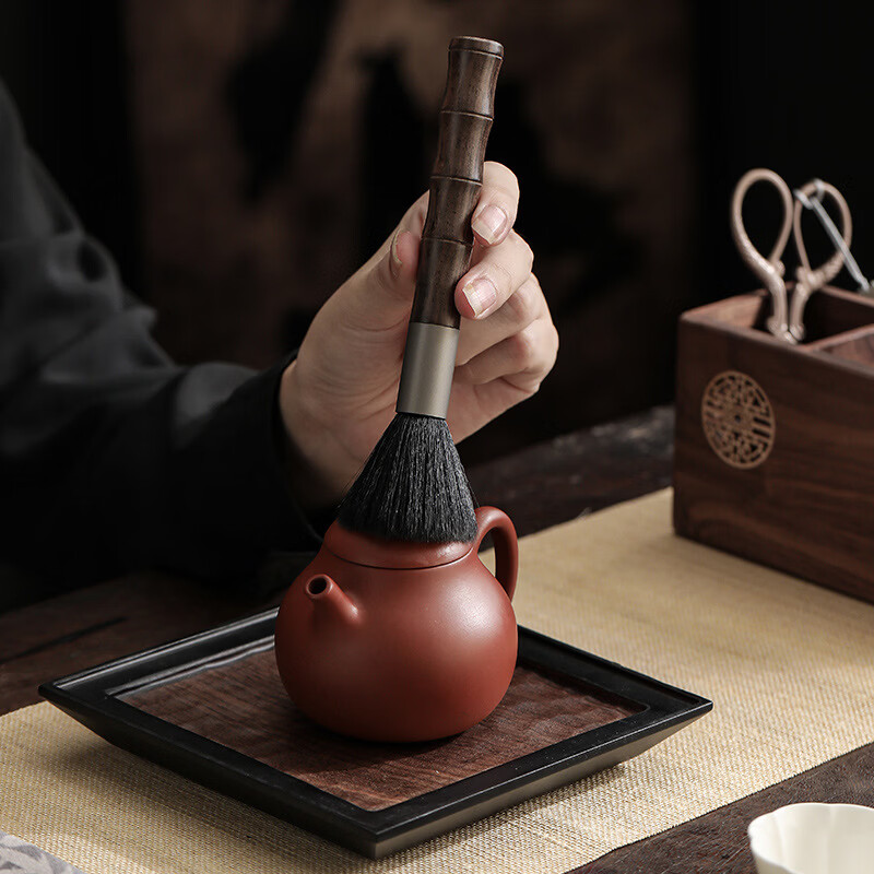 语森忆胡桃木六君子收纳桶套装茶道用品大全茶剪茶刀养壶笔家用茶具配件 双格茶道桶+黄铜竹节配件