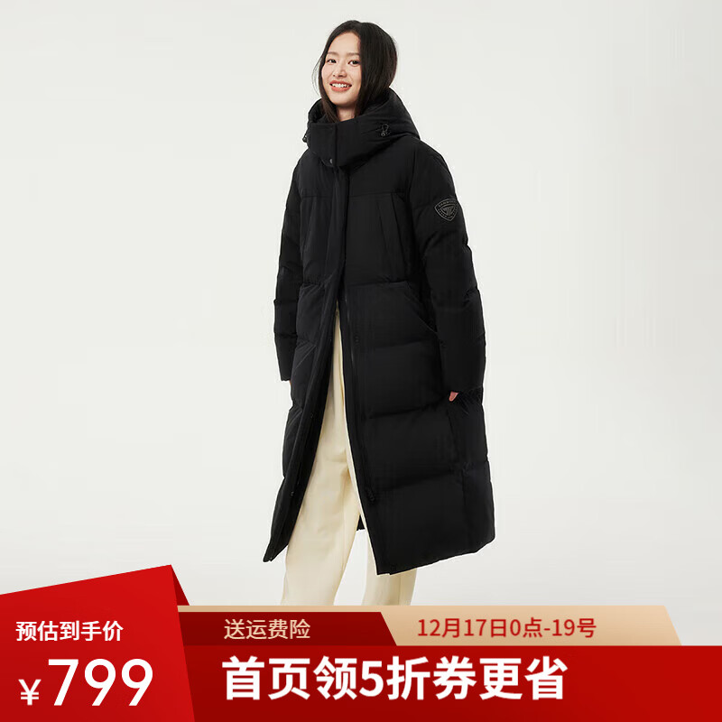 坦博尔长款羽绒服女过膝可脱卸帽冬天保暖加厚外套TBF550836T 黑色 XS (155)