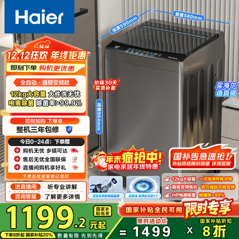 海尔（Haier）波轮洗衣机全自动12KG大容量京东自营家电国家补贴以旧换新直驱变频一级能效出租房EB120B53Mate1