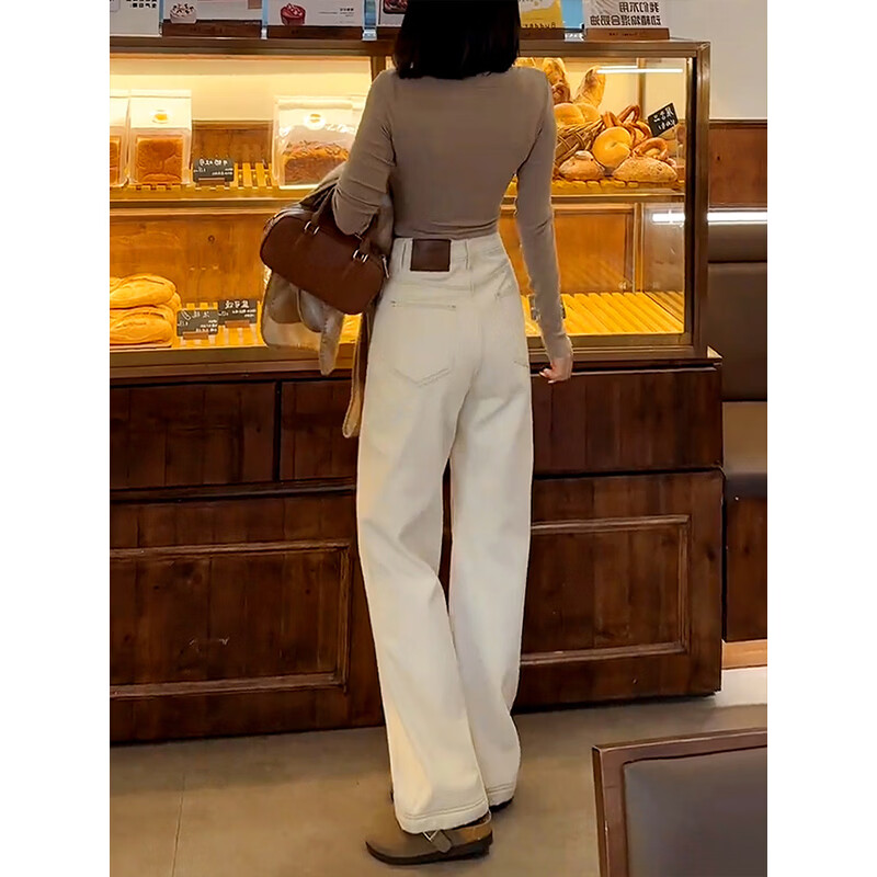 美思源白色直筒牛仔裤女士春季裤子新款2026新款杏色高腰拖地裤阔腿裤 米杏色长裤加厚绒 S 【90-105斤】