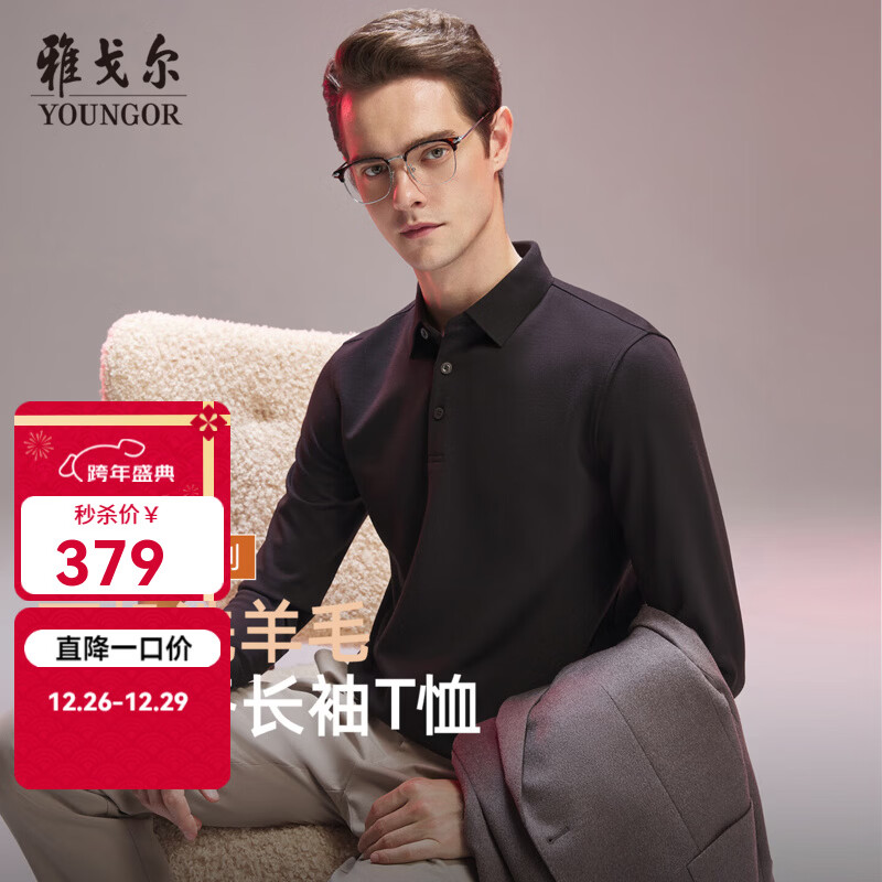 雅戈尔长袖POLO衫男士绵羊毛混纺华夫格肌理柔软舒适POLO衫2025新品 深咖VLYM519959VCA XL （推荐150-165斤）