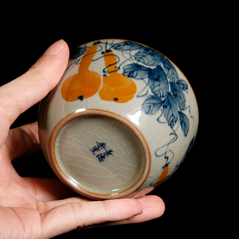 【柴房雅器】景德镇柴窑手绘青花釉里红福寿康宁卧足杯纯手工茶杯