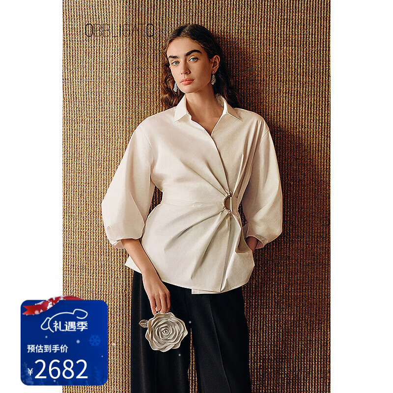 OBBLIGATO奥丽嘉朵2025夏季新款灯笼袖D字扣不对称打褶收腰衬衫 本白 S