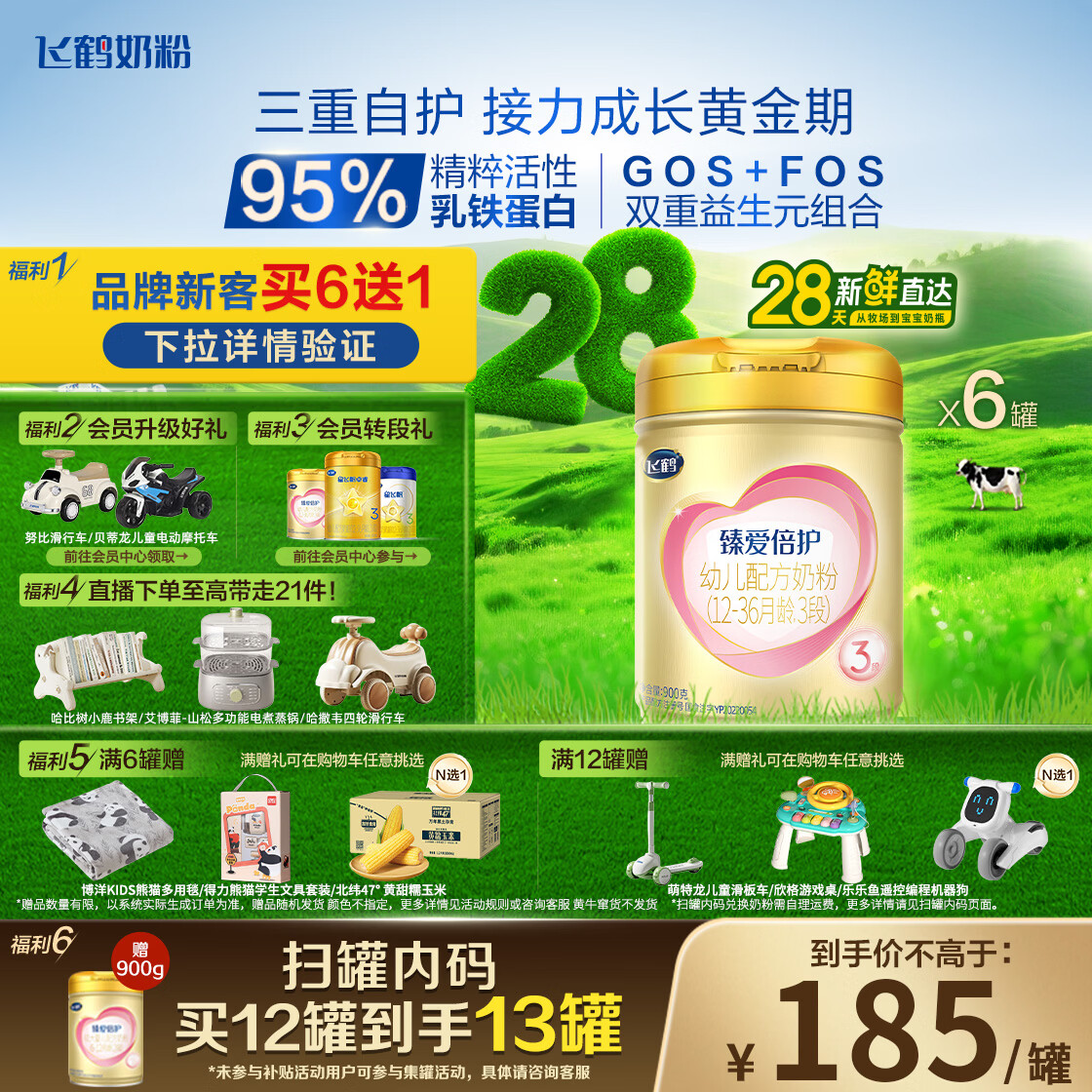 飞鹤臻爱倍护 幼儿奶粉3段（1-3岁）900g*6 乳铁蛋白 28天新鲜直达