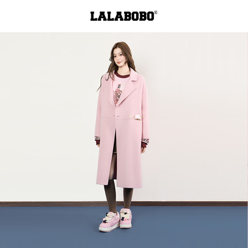 LALABOBO【商场同款】中长款呢子大衣25年秋新原创高级巨好看经典女装外套 粉色 S