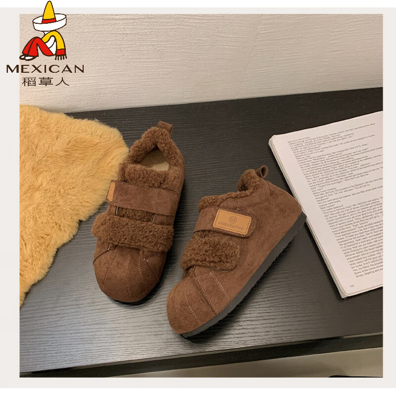 稻草人（MEXICAN）厚底增高羊羔毛毛鞋女2026年冬季新款加绒勃肯鞋保暖棉鞋子雪地靴 棕色 35