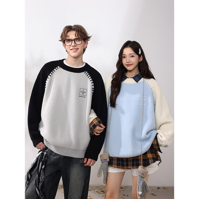 MANYSTON美式圆领套头毛衣男生款秋冬季潮牌情侣宽松青少年针织衫上衣 藏青色 2XL